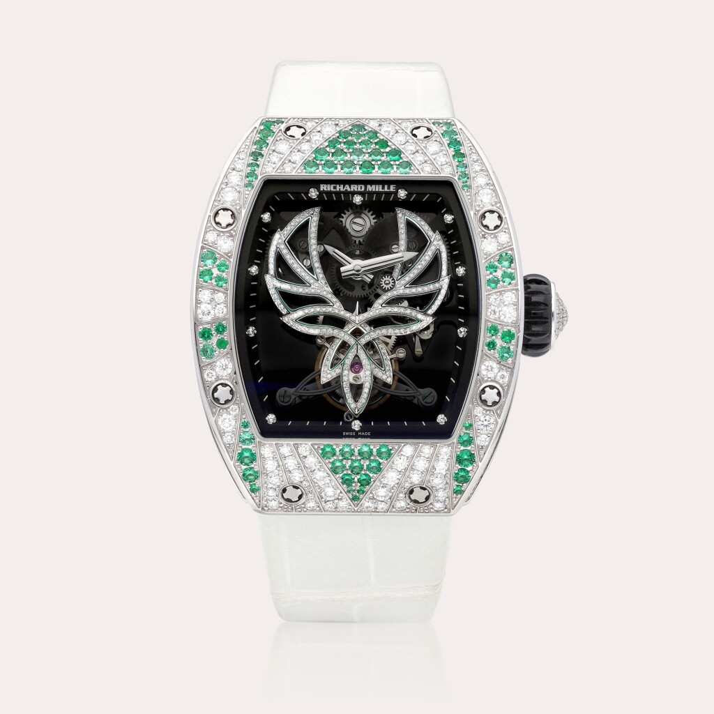 View full screen - View 1 of Lot 2249. Special Edition Michelle Yeoh, Reference RM051 A unique white gold, diamond, black diamond and emerald-set semi-skeletonised tourbillon wristwatch with power reserve indication, circa 2011 | 楊紫瓊特別版 型號 RM051 | 獨一無二白金鑲鑽石、黑鑽石及祖母綠半鏤空陀飛輪腕錶,備動力儲備顯示,約2011年製.