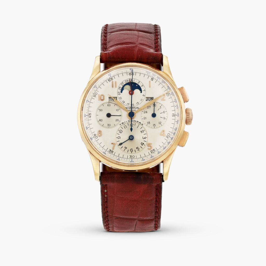 View full screen - View 1 of Lot 431. Tri-compax, reference 12266, pink gold chronograph wristwatch with triple calendar and moon phases, circa 1940.