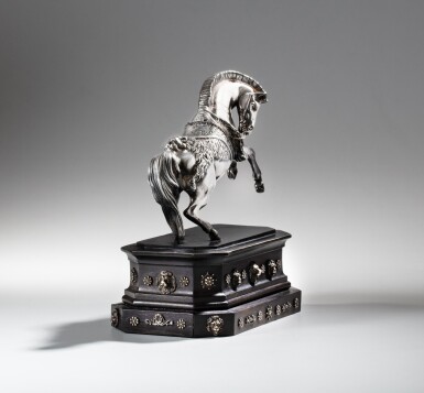 View full screen - View 1 of Lot 21. A German silver corporation cup shaped as a horse, on a wooden base, probably Hanau, circa 1880.