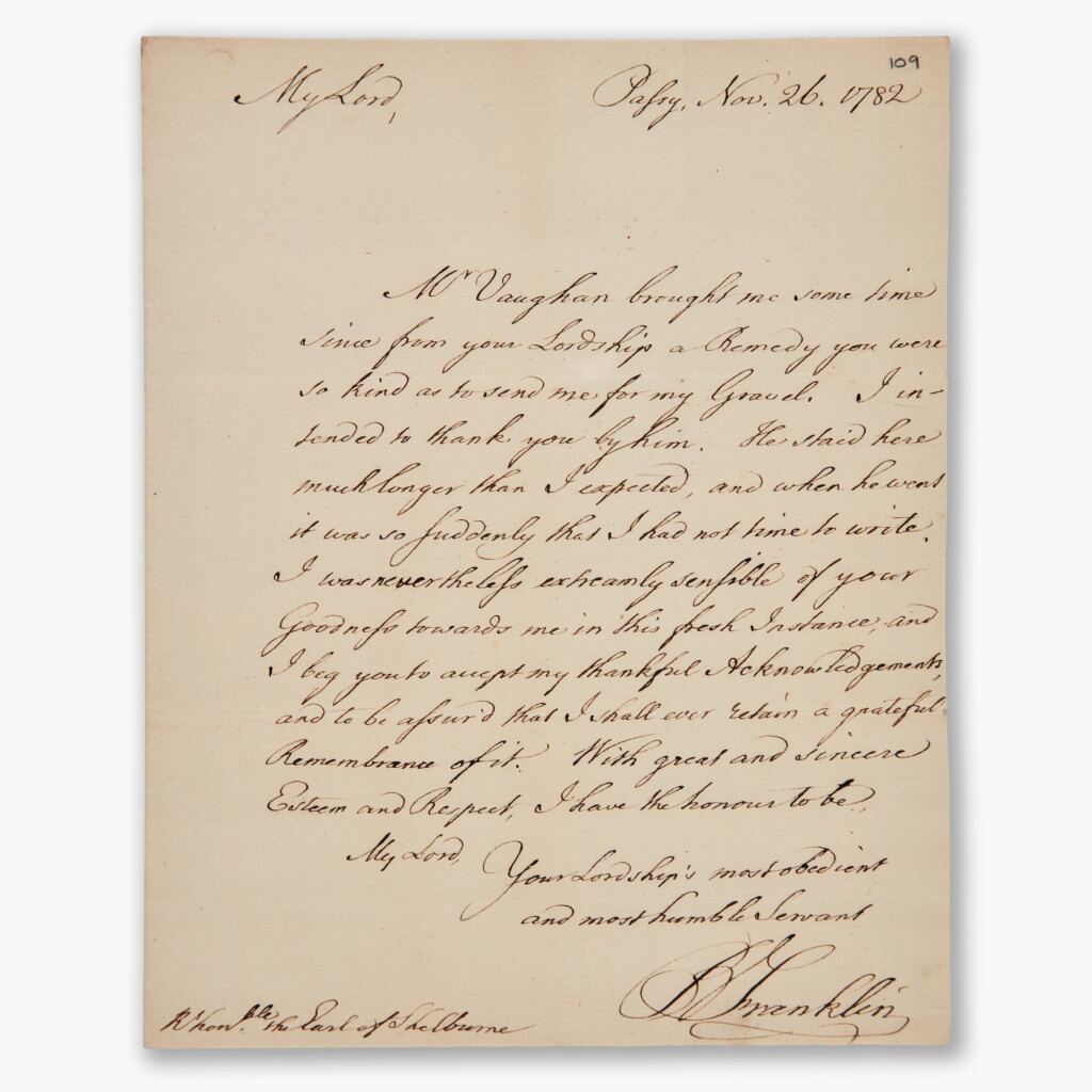 View full screen - View 1 of Lot 100. Ben Franklin | Autograph letter signed, to Lord Shelburne, British Prime Minister, during peace negotiations, November 1782.