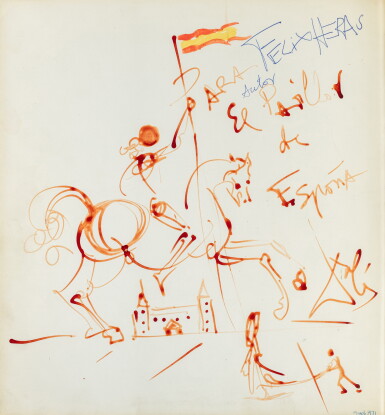 View full screen - View 1 of Lot 84. Dalí de Draeger. Le Soleil Noir, 1968. Très bel envoi illustré, à l’encre sépia, avec petits rehauts à la gouache..