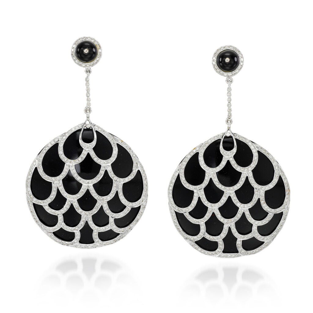 View full screen - View 1 of Lot 114. Pair of onyx and diamond earrings, 2009.