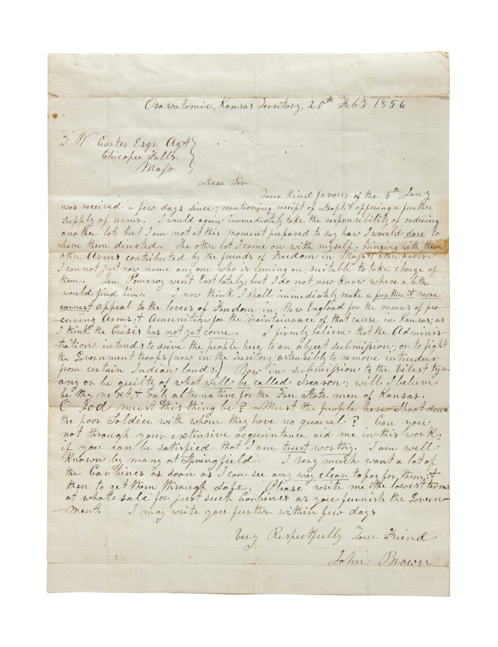 View full screen - View 1 of Lot 53. Brown, John | A remarkable letter leading up to the events of the Bleeding Kansas crisis.