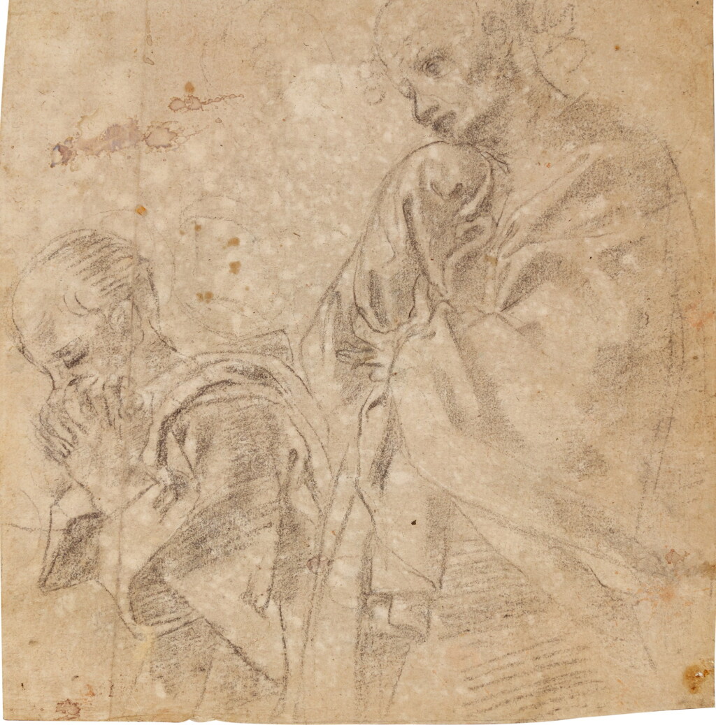 View full screen - View 1 of Lot 10. Recto: Two separate studies for the figure of St. John in a Lamentation; Verso: Study for the figure of the Madonna in an Assumption.