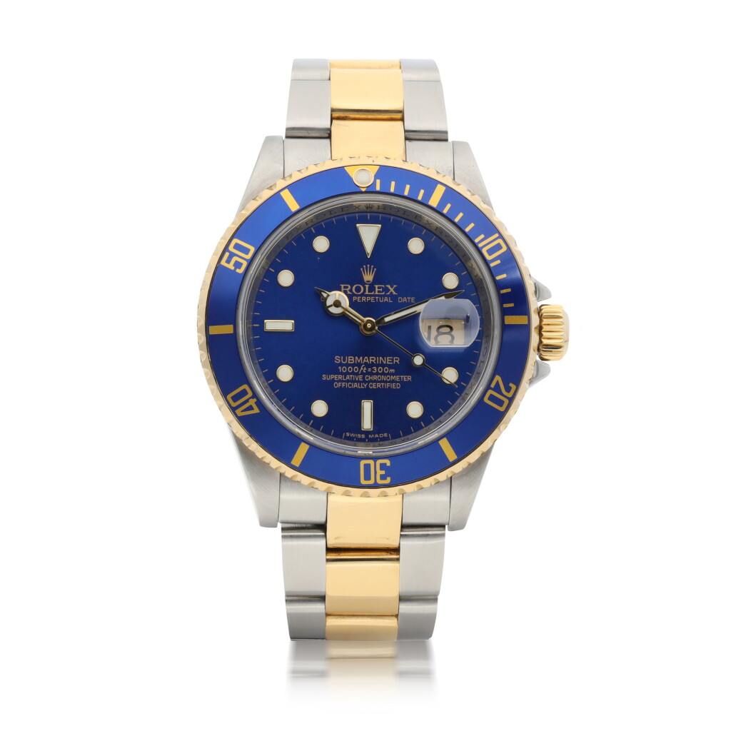 View full screen - View 1 of Lot 8036. Rolex | Submariner, Reference 16613, A yellow gold and stainless steel wristwatch with date and bracelet, Circa 2007 | 勞力士 | Submariner 型號16613 黃金及精鋼鏈帶腕錶,備日期顯示,約2007年製.