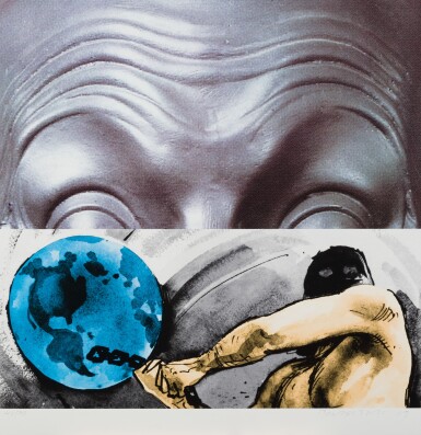 View full screen - View 1 of Lot 522. JOHN BALDESSARI | EYEBROWS FURROWED FOREHEADS FIGURE WITH GLOBE.