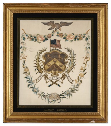 View full screen - View 1 of Lot 890. The Watson Family Embroidered Silk Coat of Arms, worked by Harriet Watson at the Misses Patten School, Hartford, Connecticut, circa 1800.
