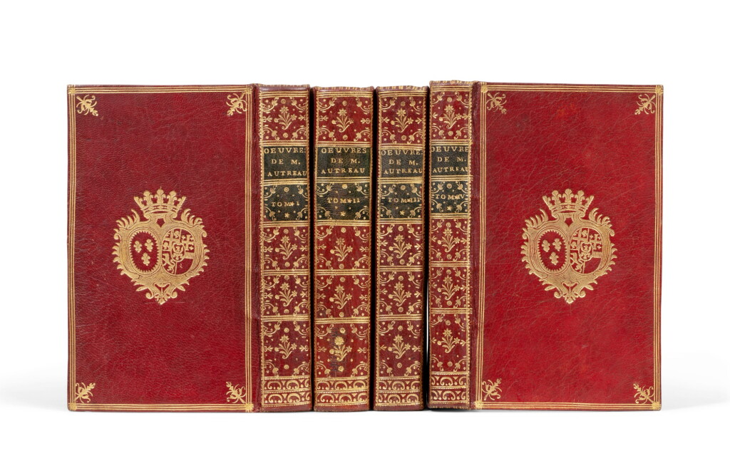 View full screen - View 1 of Lot 67. Œuvres. Paris, 1749. 4 vol. in-12. Maroquin rouge aux armes de la comtesse de Provence.