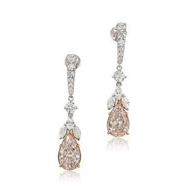 View full screen - View 1 of Lot 1828. Pair of Fancy Light Orangy Pink Diamond and Diamond Pendent Earrings | 3.07 及 3.04克拉 梨形 淡彩橙粉紅色鑽石 配 鑽石 耳墜一對.