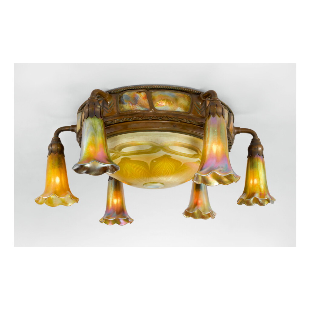 View full screen - View 1 of Lot 56. TIFFANY STUDIOS | SIX-LIGHT "LILY" AND "TURTLE-BACK" CEILING LIGHT.