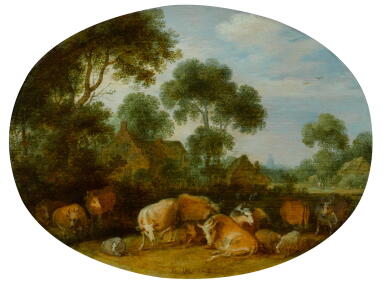 View full screen - View 1 of Lot 18. GILLIS CLAESZ. DE HONDECOETER | Cows and sheep resting in a wooded landscape near farmhouses, a church tower in the distance.