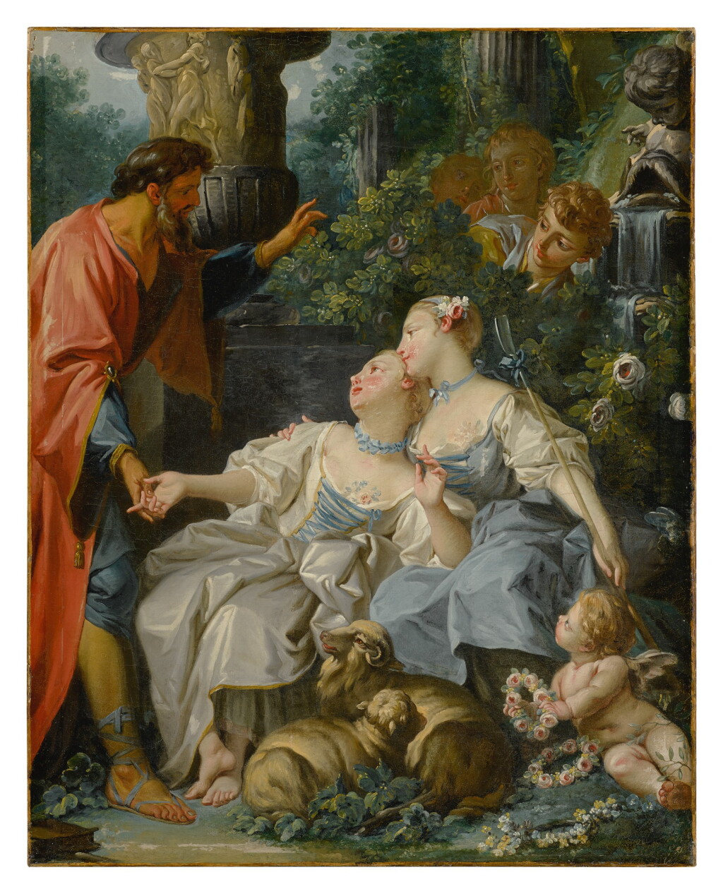 View full screen - View 1 of Lot 68. Two shepherdesses in a garden speaking to a shepherd, a putto below and three young men behind them.