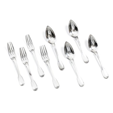 View full screen - View 1 of Lot 68. A silver set of 19 dessert forks and 20 dessert spoons, Paris, 1819-1838 | Ensemble de 19 fourchettes et 20 cuillères à entremets en argent, Paris, 1819-1838.