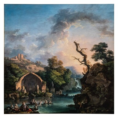 View full screen - View 1 of Lot 112. CARLO BONAVIA | THE TEMPLE OF DIANA AT BAIAE, AN IMAGINARY LANDSCAPE WITH THE STORY OF DIANA AND ACTEON IN THE FOREGROUND.