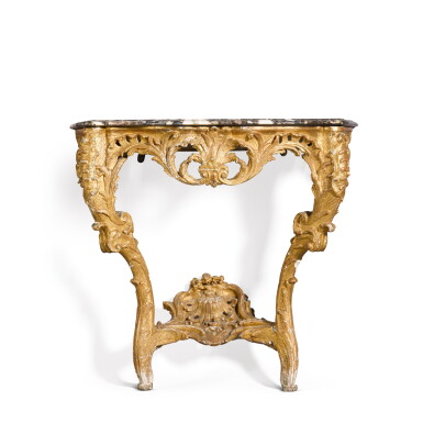 View full screen - View 1 of Lot 67. A Louis XV carved giltwood console table, possibly German, mid-18th century.