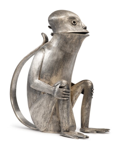 View full screen - View 1 of Lot 318. A MEXICAN SILVER-PLATED MONKEY-FORM DECANTER, LOS CASTILLO, TAXCO, MID 20TH CENTURY.
