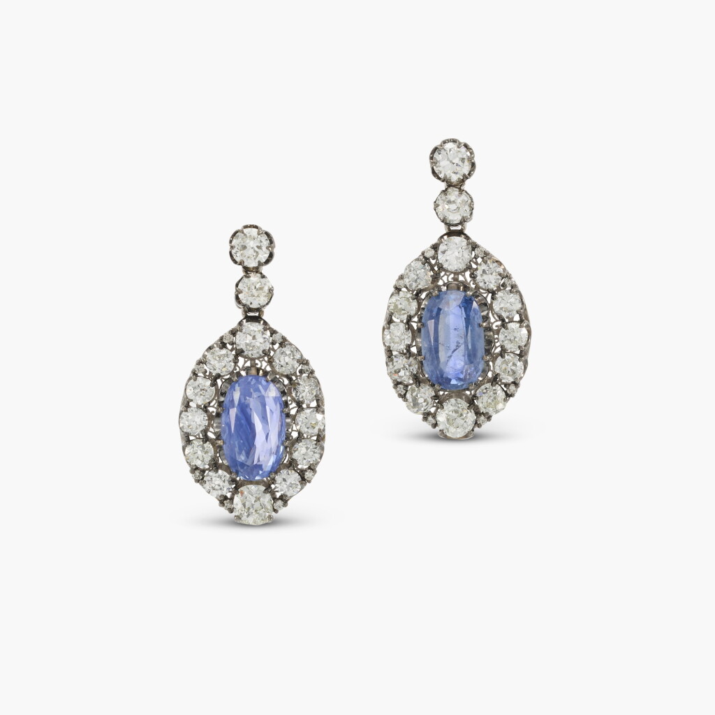 View full screen - View 1 of Lot 68. Sapphire and Diamond Pendent Earrings.