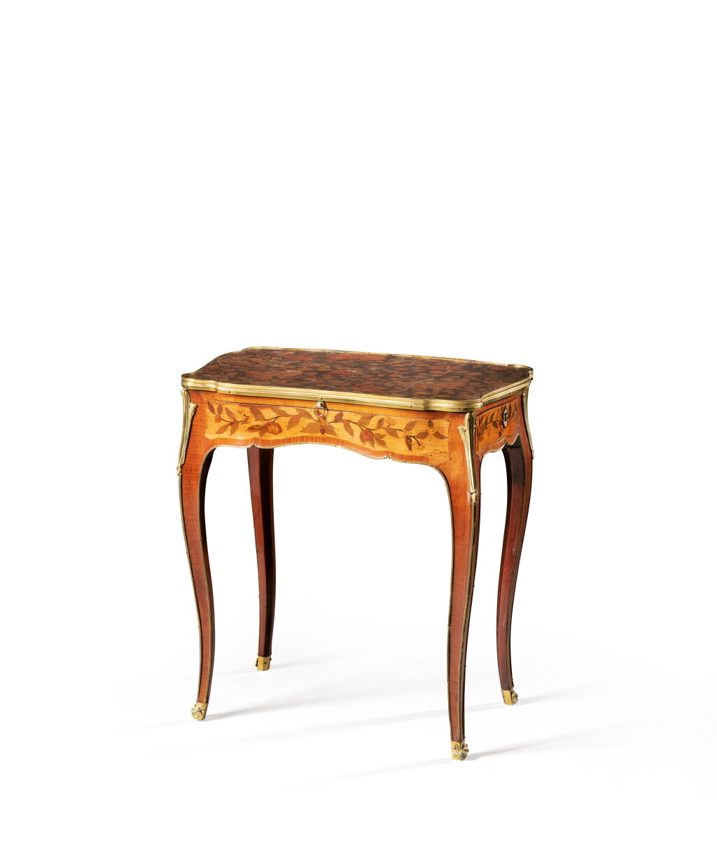 View full screen - View 1 of Lot 32. A lacquer, flower marquetry and satiné table, Louis XV, circa 1750, stamped by Jacques-Philippe Carel | Table à écrire en marqueterie de fleurs et plateau de laque d'époque Louis XV, vers 1750, estampille de Jacques-Philippe Carel.