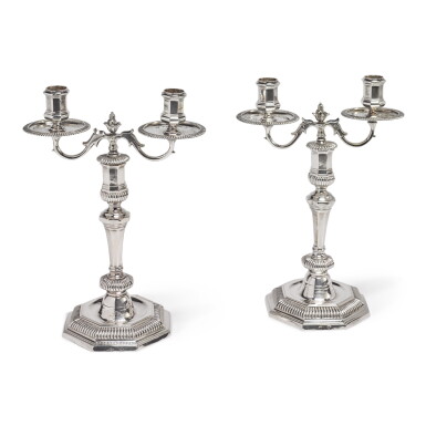 View full screen - View 1 of Lot 210. A PAIR OF REGENCE SILVER CANDLESTICKS WITH TWO LIGHT BRANCHES, JACQUES-FRANÇOIS GREBEUDE, PARIS, 1725.
