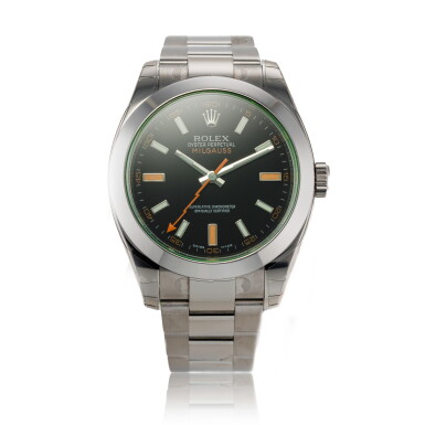 View full screen - View 1 of Lot 249. Reference 116400GV Milgauss | A stainless steel anti-magnetic wristwatch with green sapphire crystal and bracelet, Circa 2009.
