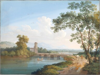 View full screen - View 1 of Lot 73. A mountainous river landscape with boaters and ramblers traversing a bridge.
