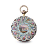 A magnificent, rare and large gold, enamel and pearl-set quarter repeating watch with case by Frères Oltramere and movement attributed to Piguet & Meylan, made for the Chinese market Circa 1815, no. 4404 "Château de Chillon"