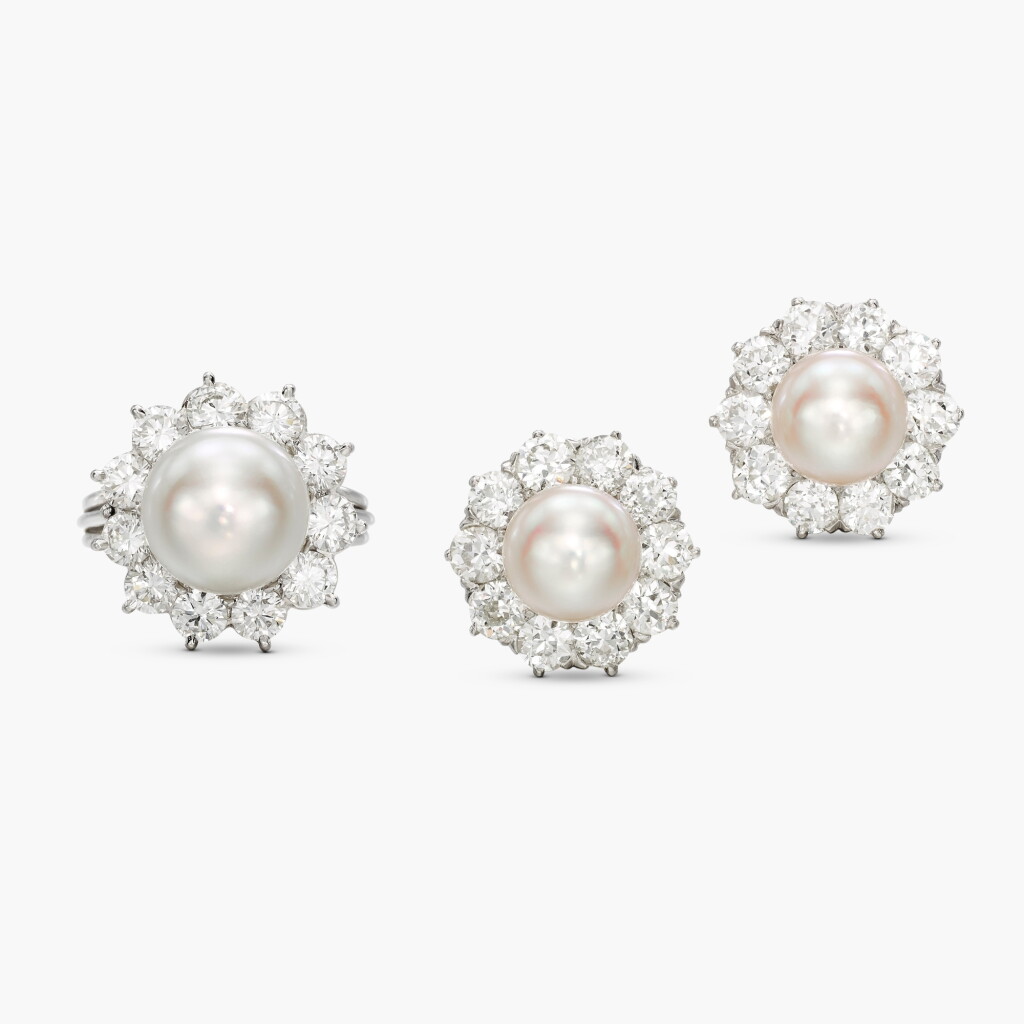 View full screen - View 1 of Lot 1434. Cultured Pearl and Diamond Demi-Parure | 養殖珍珠 配 鑽石 耳環 及 戒指 套裝.