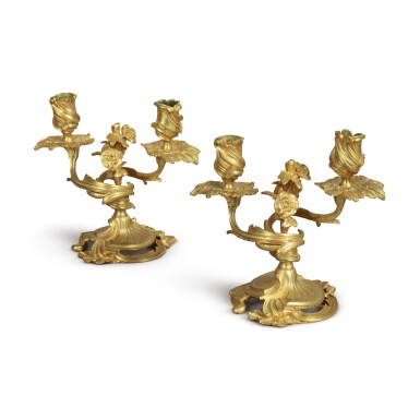 View full screen - View 1 of Lot 714. A PAIR OF LOUIS XV GILT BRONZE TWO-LIGHT CANDELABRA, MID-18TH CENTURY.