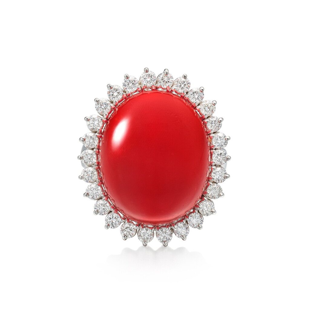 View full screen - View 1 of Lot 1829. CORAL AND DIAMOND RING | 珊瑚 配 鑽石 戒指.