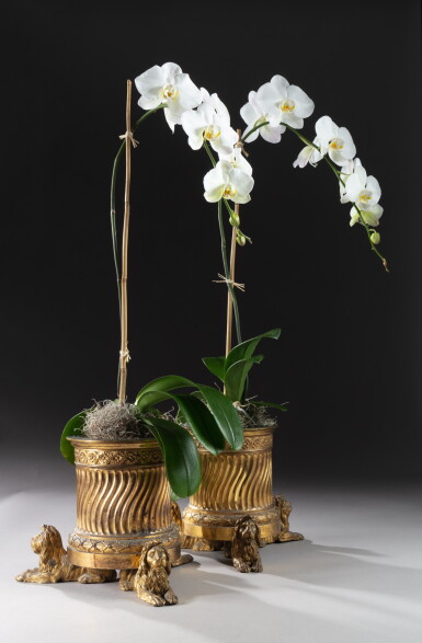 View full screen - View 1 of Lot 37. A pair of gilt-bronze flower pots, probably Germany or France, 17th century and Louis XVI, circa 1780 | Paire de cache-pots en bronze doré, probablement Allemagne ou France, XVIIe siècle et époque Louis XVI, vers 1780.