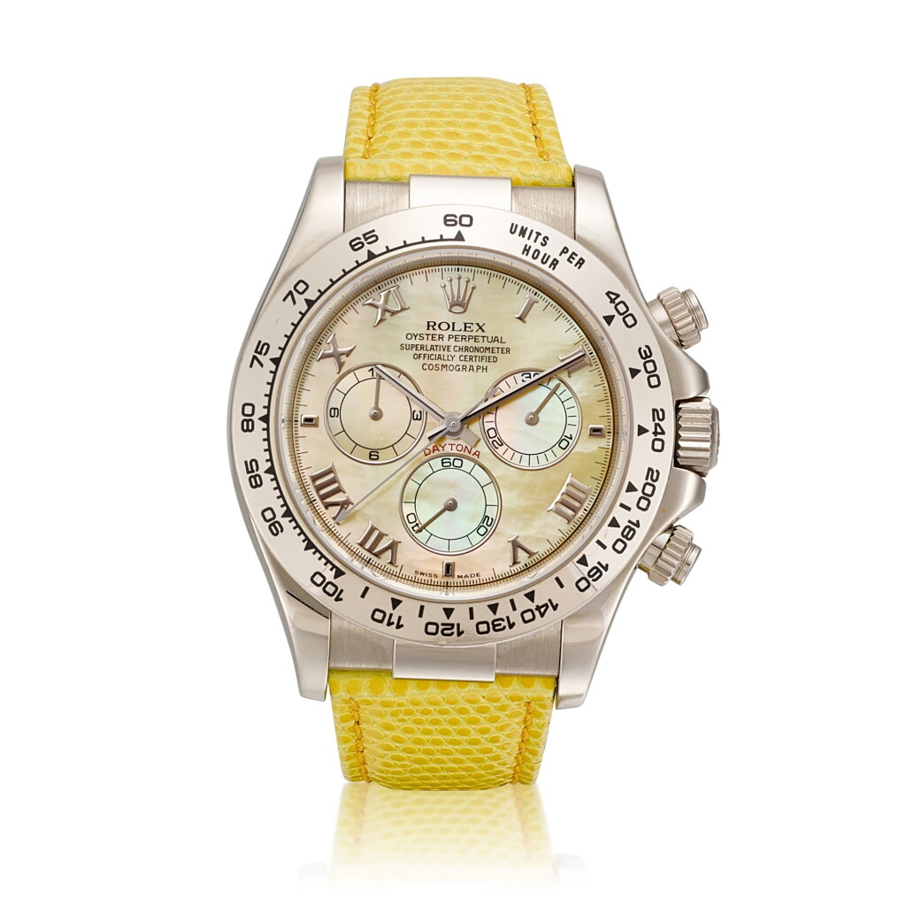 View full screen - View 1 of Lot 2122. Cosmograph Daytona 'Beach', Reference 116519 | A white gold chronograph wristwatch with yellow mother-of-pearl dial, Circa 2000 | 勞力士 | Cosmograph Daytona 'Beach' 型號116519 | 白金計時腕錶,備黃色珠母貝錶盤,約2000年製.