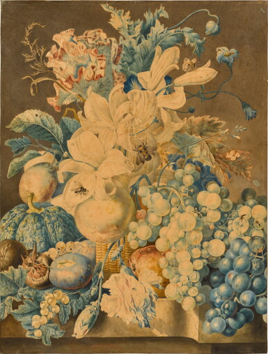 View full screen - View 1 of Lot 123. Still life with flowers and fruit in a basket.