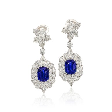 View full screen - View 1 of Lot 1843. Pair of Sapphire and Diamond Pendant Ear Clips | 寶格麗 | 6.32及6.03克拉 天然 「馬達加斯加/斯里蘭卡」未經加熱藍寶石 配 鑽石 耳墜一對.