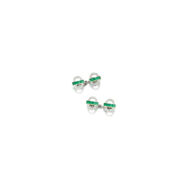 View full screen - View 1 of Lot 237. PAIR OF EMERALD AND DIAMOND CUFFLINKS, 1920S.