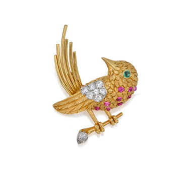 View full screen - View 1 of Lot 216. Gold, Ruby, Emerald and Diamond Clip-Brooch, France.