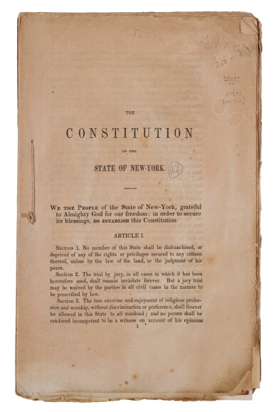 View full screen - View 1 of Lot 167. New York | Evidently a working draft printing of the 1846 New York Constitution.