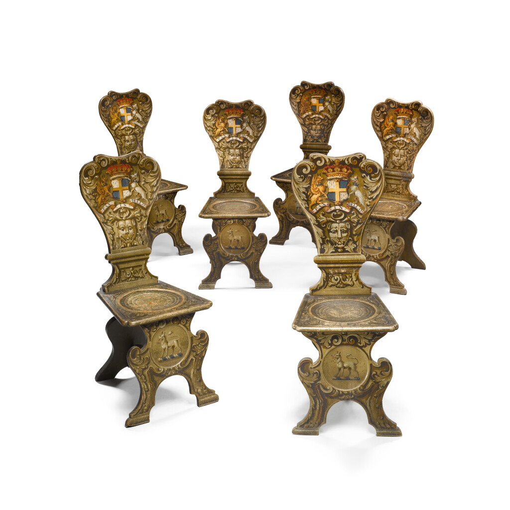View full screen - View 1 of Lot 9. A Set of Six George II Polychrome Painted Oak Hall Chairs Mid-18th Century.
