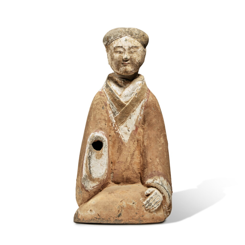 View full screen - View 1 of Lot 85. A painted pottery figure of a kneeling court lady, Han dynasty.
