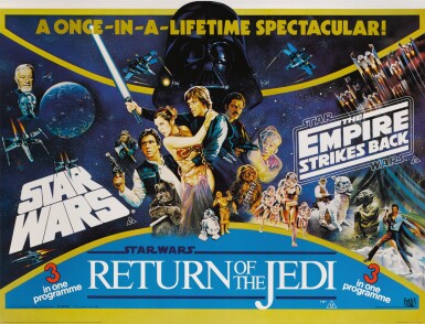 View full screen - View 1 of Lot 100. STAR WARS / THE EMPIRE STRIKES BACK / RETURN OF THE JEDI TRIPLE BILL POSTER, BRITISH, TOM WILLIAM CHANTRELL, TOM JUNG AND JOSH KIRBY, 1983 .