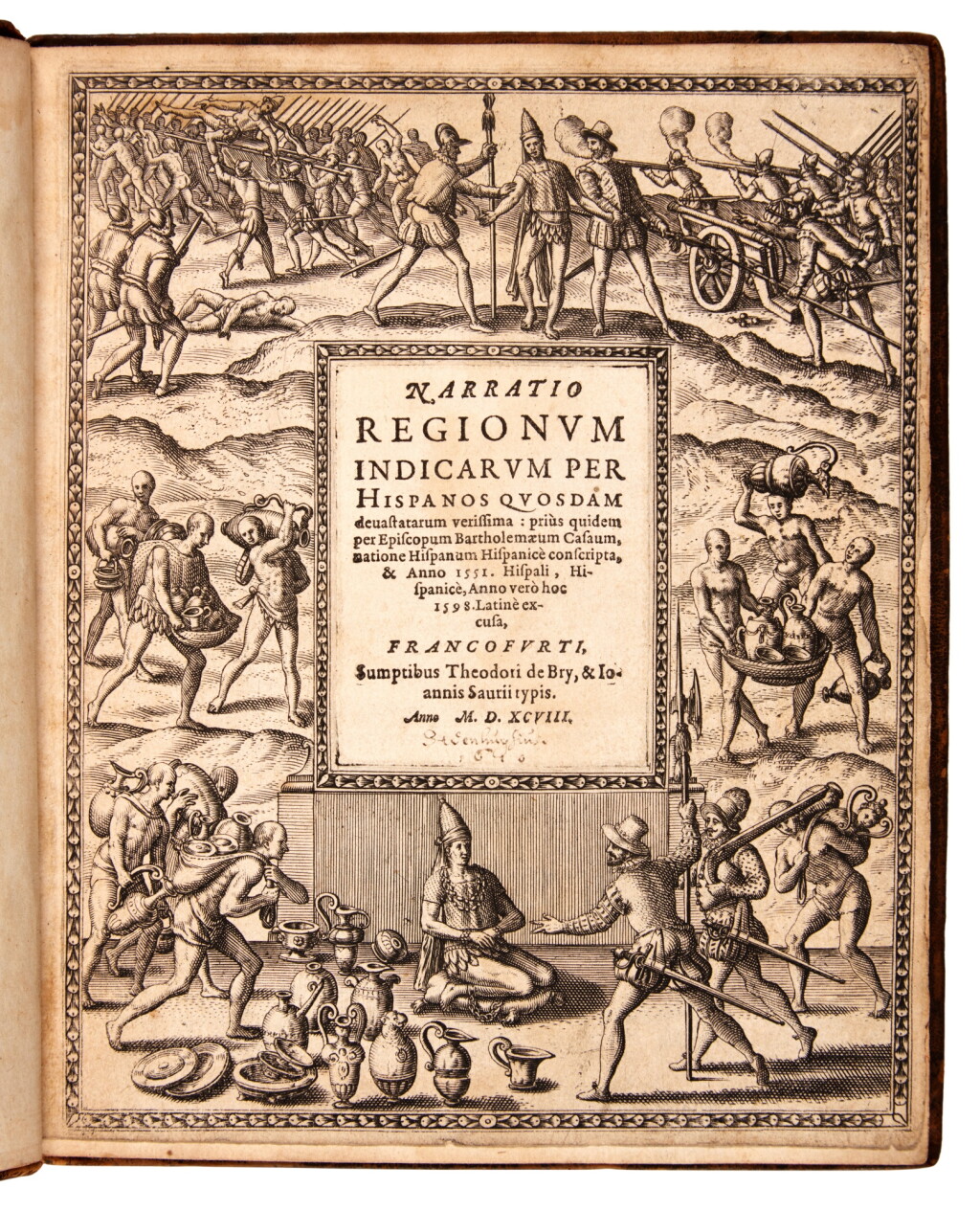 View full screen - View 1 of Lot 9. Bartolomé de las Casas | Narratio regionum indicarum per Hispanos quosdam devastatarum verissima. Frankfurt, 1598.