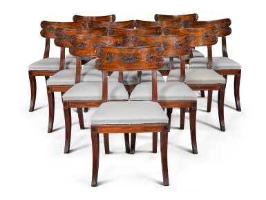 View full screen - View 1 of Lot 47. A set of twelve Regency mahogany and ebony 'Klismos' dining chairs, circa 1815, after a design by Thomas Hope.