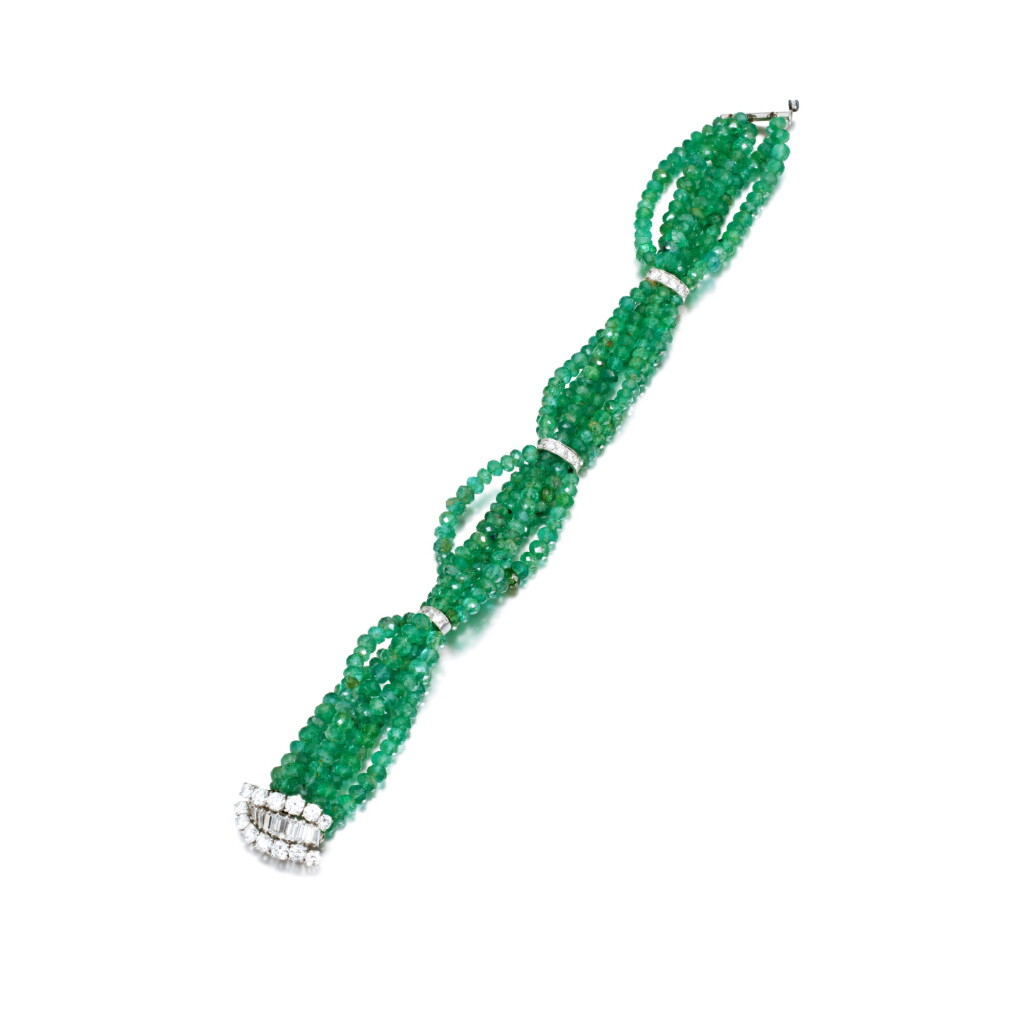 View full screen - View 1 of Lot 938. Emerald and diamond bracelet.