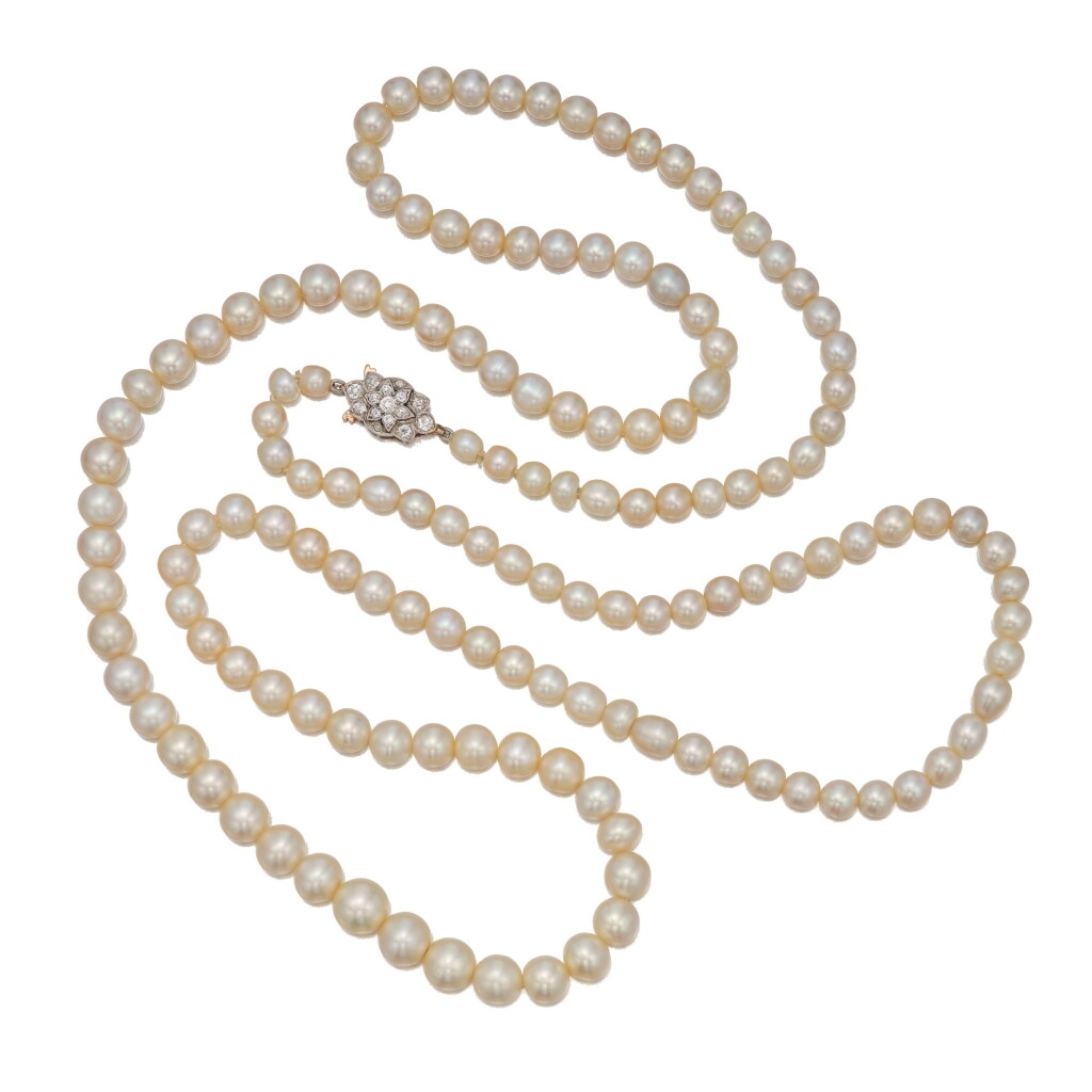 View full screen - View 1 of Lot 27. Natural Pearl, Cultured Pearl and Diamond Necklace.