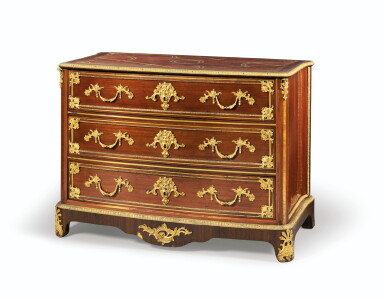 View full screen - View 1 of Lot 32. A GILT BRONZE MOUNTED AMARANTH AND SATINWOOD COMMODE, LOUIS XIV | COMMODE EN PLACAGE DE BOIS SATINÉ ET AMARANTE D'ÉPOQUE LOUIS XIV.