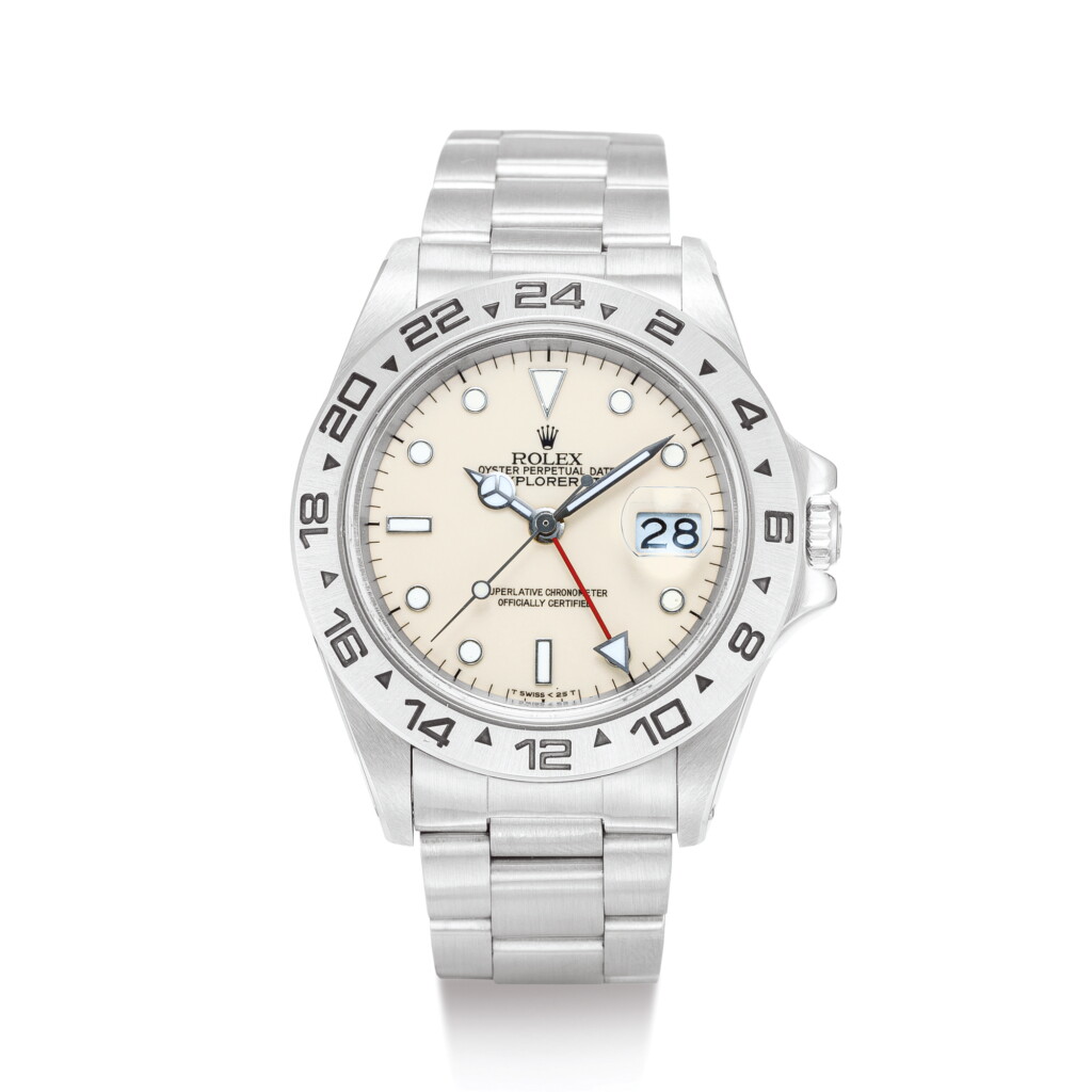 View full screen - View 1 of Lot 2086. ROLEX | EXPLORER II, REFERENCE 16550 A STAINLESS STEEL WRISTWATCH WITH 24 HOURS INDICATION, DATE, CREAM DIAL AND BRACELET, CIRCA 1985" | 勞力士 | Explorer II 型號16550 精鋼鏈帶腕錶,備日期顯示及奶白色錶盤,錶殼編號8399162,約1984年製".
