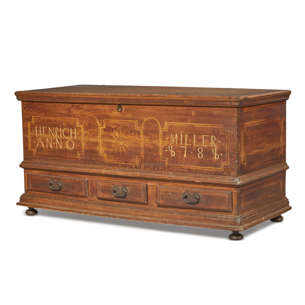 View full screen - View 1 of Lot 26. Important Heinrich Miller Chippendale Sulfur-Inlaid Sycamore Blanket Chest, Dauphin County, Pennsylvania, Dated 1781.