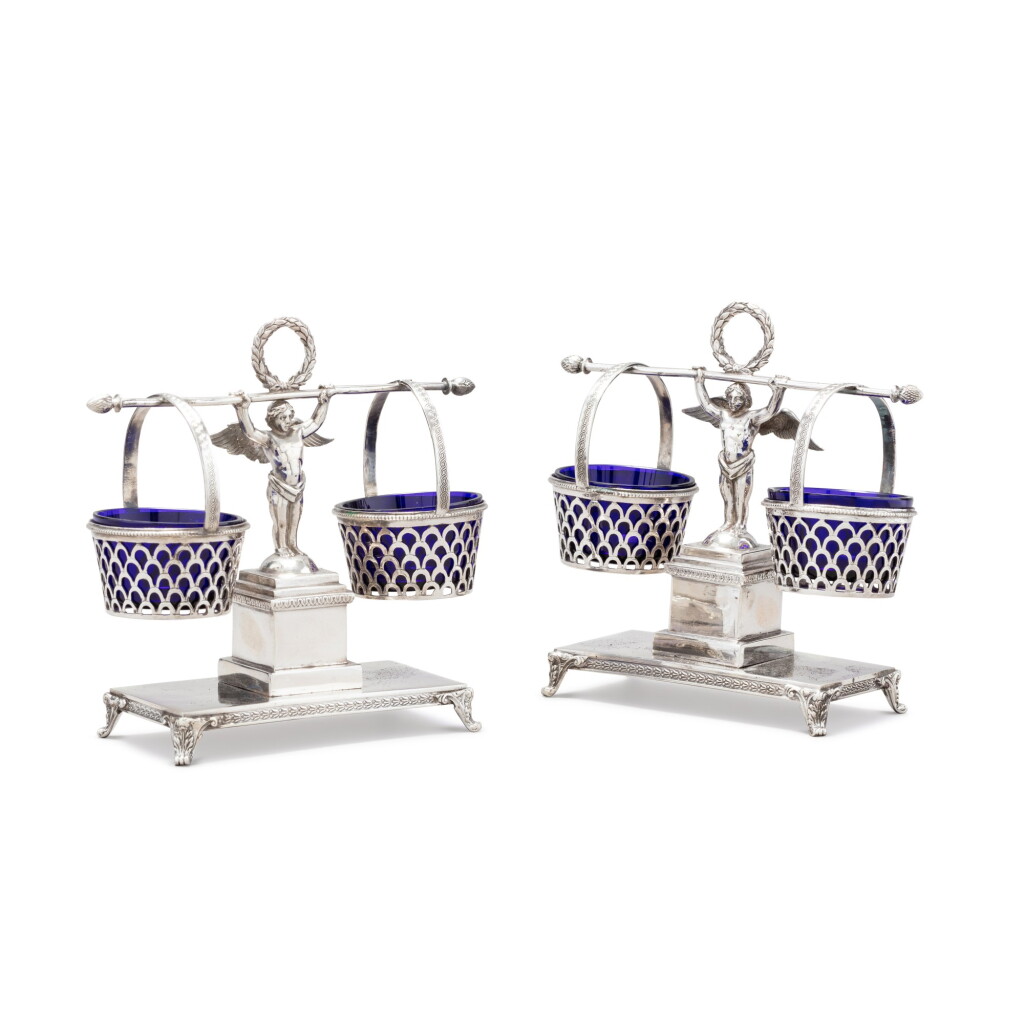 View full screen - View 1 of Lot 70. A pair of silver double salt-cellars, probably Germany circa 1830 | Paire de salières doubles en argent, probablement Allemagne vers 1830.