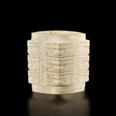 View full screen - View 1 of Lot 3609. A calcified jade cong, Neolithic period, Liangzhu culture | 新石器時代良渚文化 玉琮.
