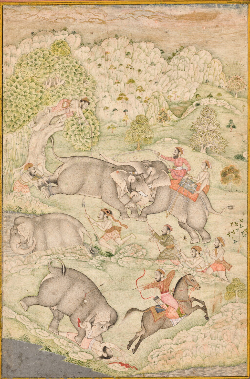 View full screen - View 1 of Lot 180. THE CAPTURING OF WILD ELEPHANTS, INDIA, MUGHAL STYLE IN RAJASTHAN, 18TH CENTURY.