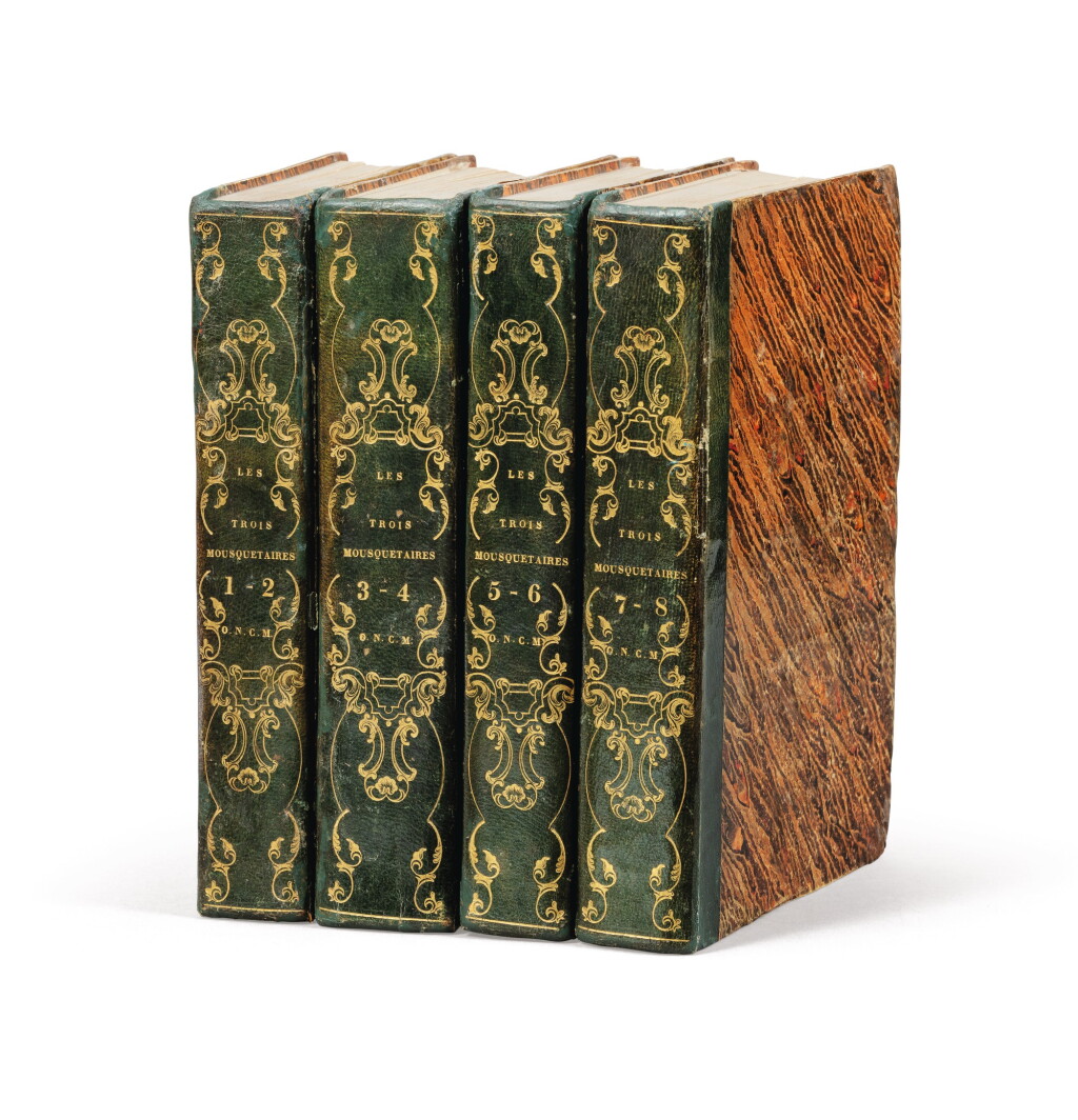 View full screen - View 1 of Lot 95. Les Trois mousquetaires. 1844. 8 t. en 4 vol. Rare édition originale. Reliure de l'époque, avec chiffre O.N.C.M.
